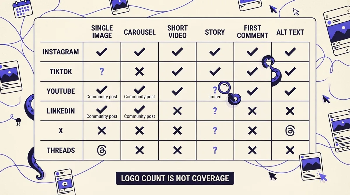 Grid showing which post formats each social platform supports, with checks, crosses and question marks per cell