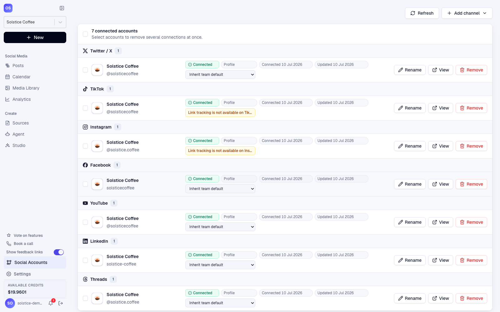 OctoSpark social accounts page with seven connected channels